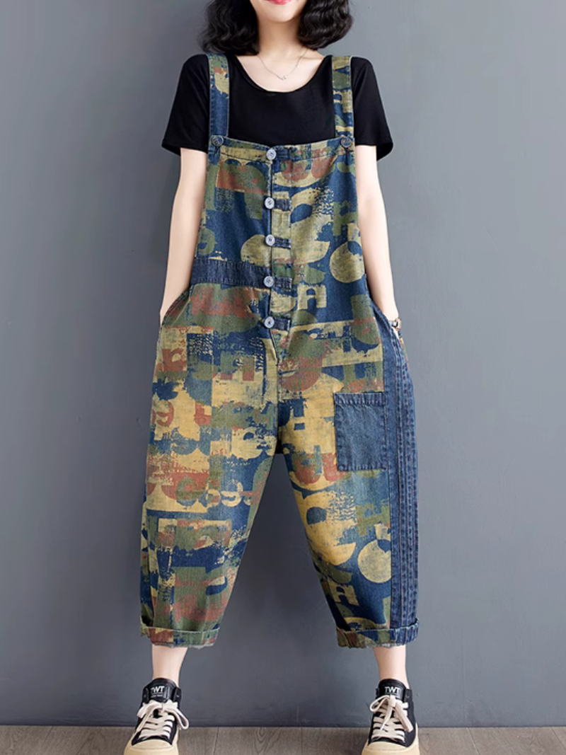 Women's Stylish & Beautiful Thin Denim Printed Overall Dungaree