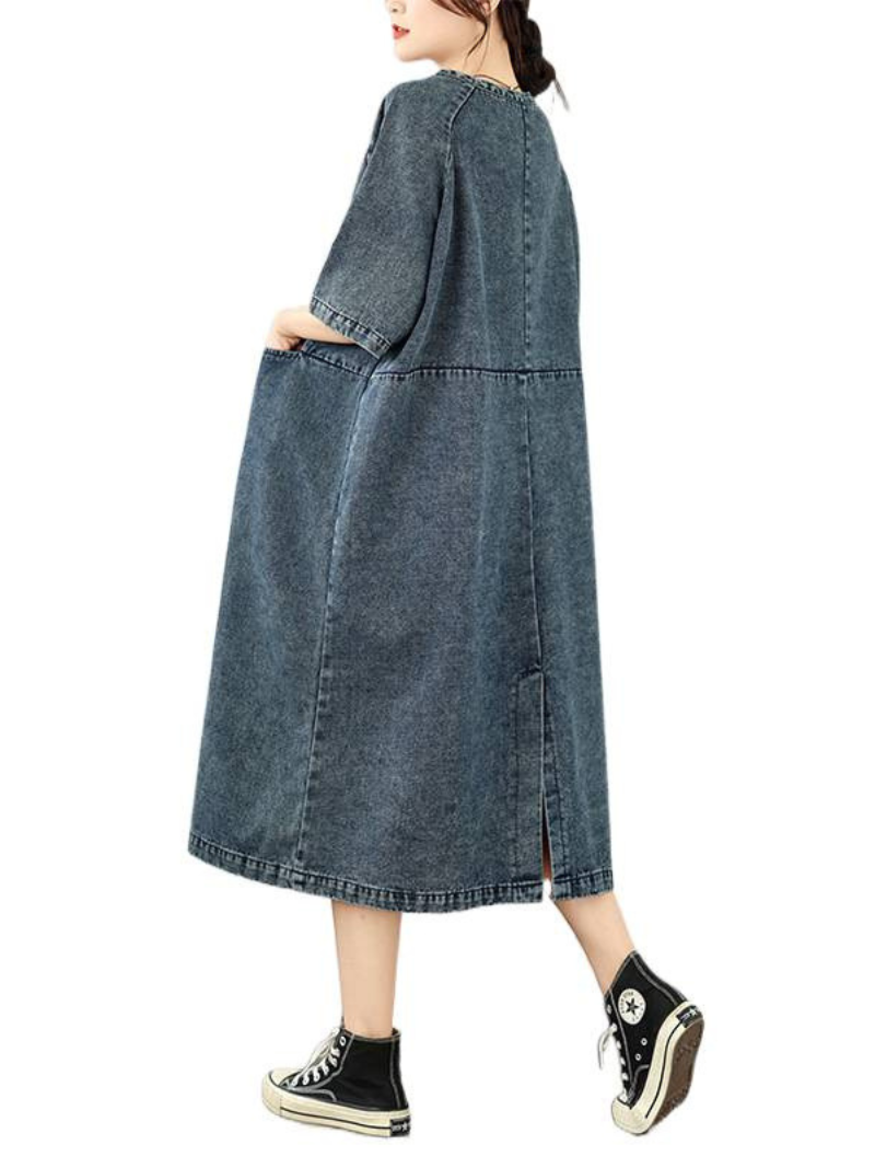 Artful Bloom Denim Dress, Relaxed V-Neck Midi in Washed Cotton