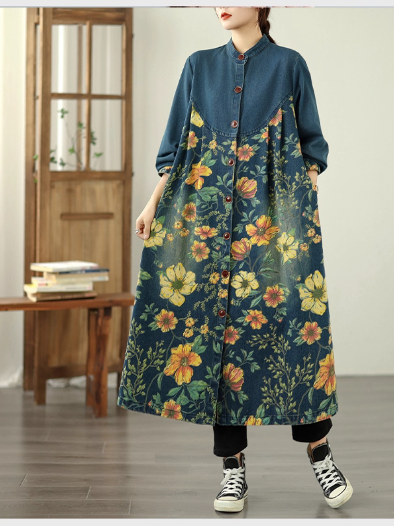 Damens Sommer Patchwork gedruckt gelegentlich losen Jeansmantel gedruckt