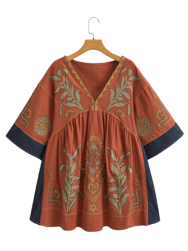 Women's Summer Casual V-neck Loose Embroidered Kimono Dress