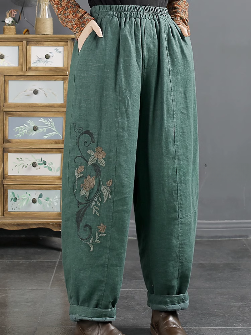 Women's Everyday Vintage Embroidered Pockets Pants Bottom