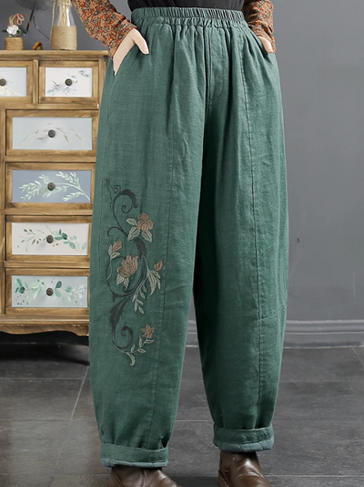 Women's Everyday Vintage Embroidered Pockets Pants Bottom