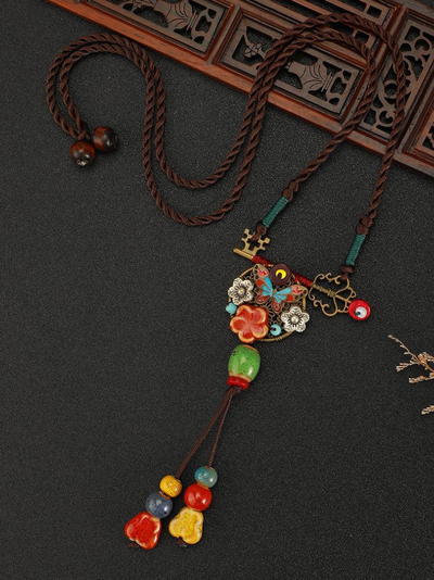 Chinese Aesthetic Ethnic Style Chain Women's Retro Hand-woven Chinese Style Ceramic Necklace Pendant