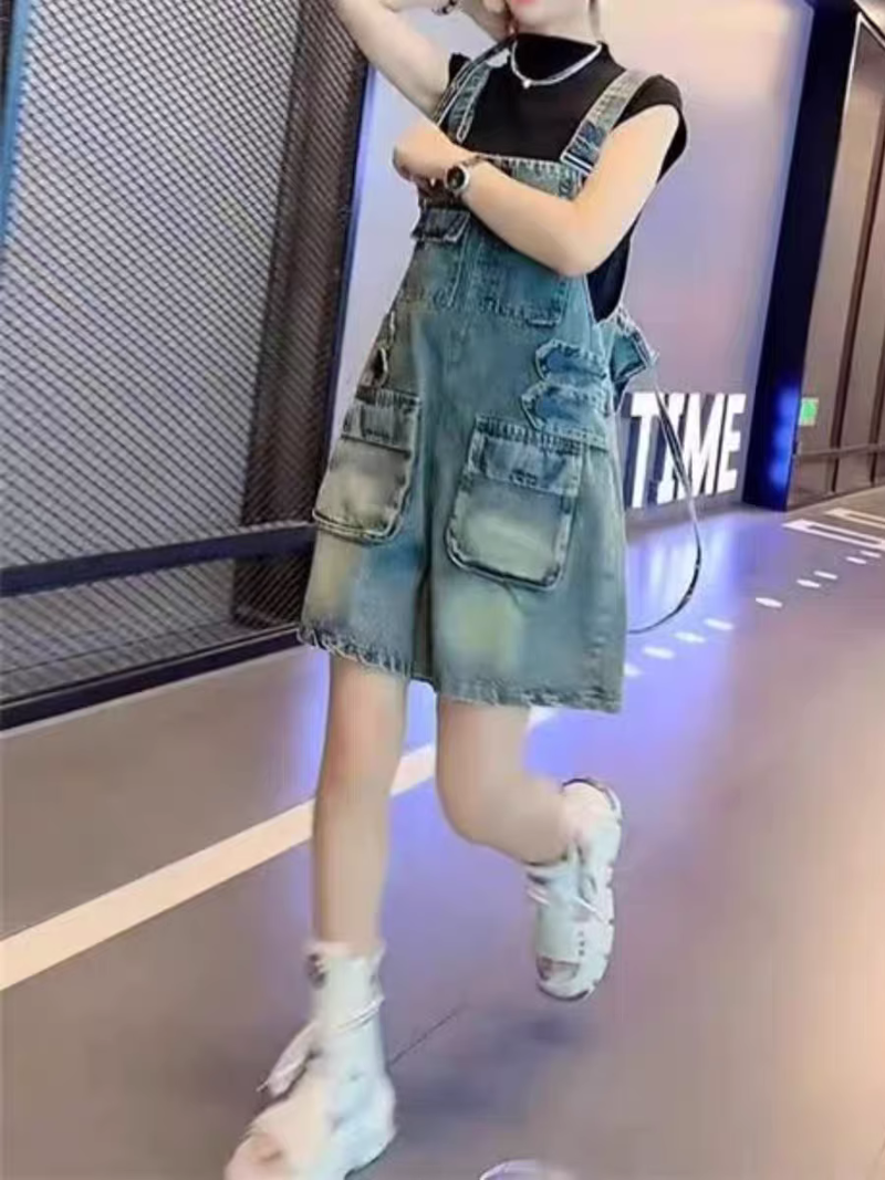 Women's Summer Stylish & Baggy Loose Jeans Overalls Short Dungaree