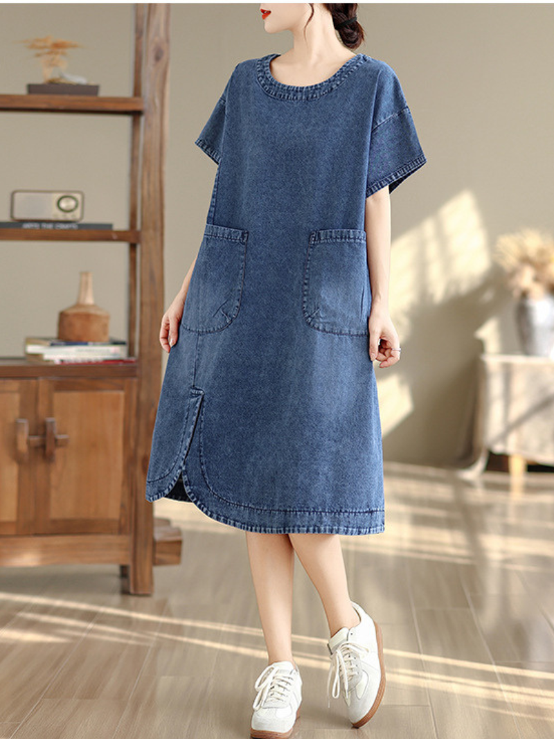 Relaxed Curved-Hem Denim Dress with Patch Pockets in Cotton A-Line