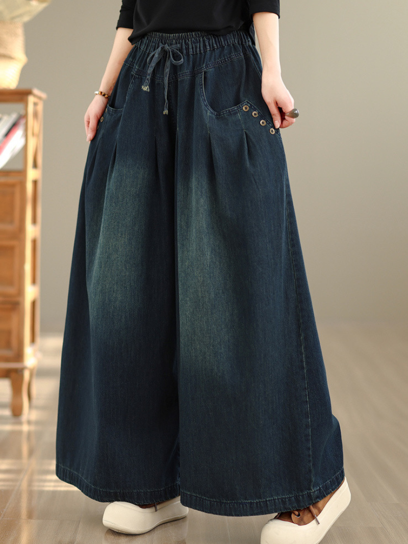 Relaxed Wide-Leg Denim Cotton Palazzo Pants with Drawstring Waist and Deep Pockets