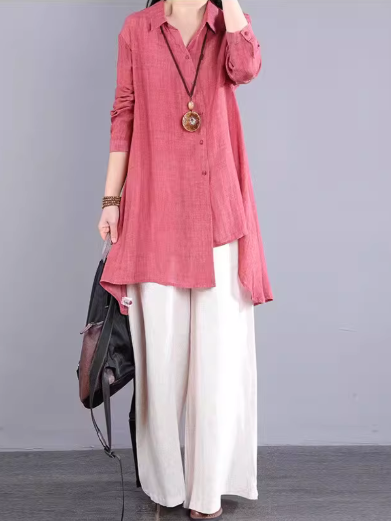 Asymmetric Longline Linen Shirt Tunic in Cotton Linen Blend, Refined