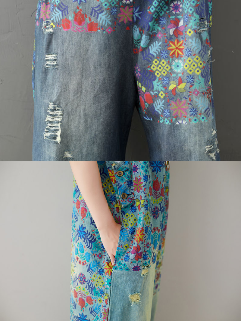 Women's Clothing Printed Jeans White Holes Wide Leg Overalls Dungarees