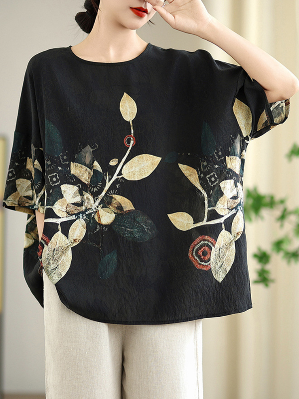 Weekend-to-Work Confidence Blouse — Flowy Chiffon Blend, Artful Botanical Print Style