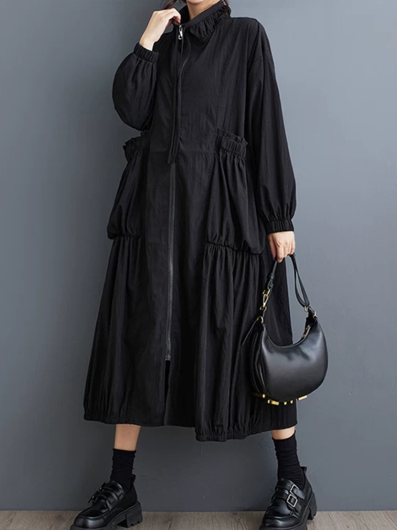 City-to-Weekend Confidence Coat-Dress — Flowing Tiered Zip-Front Midi