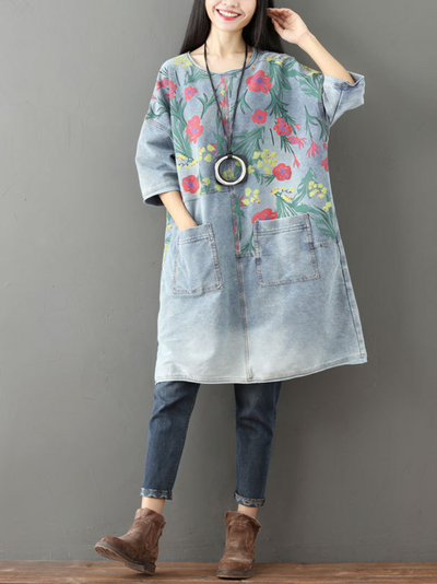 Women's Casual & Soft Floral Large Pockets  Midi Dress