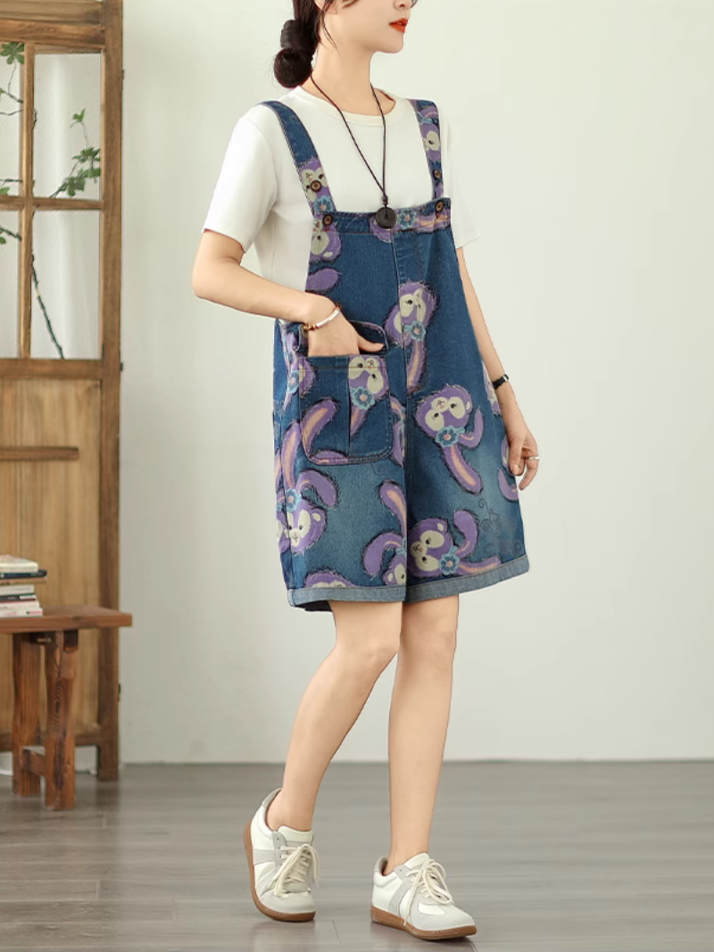 Women's Summer Beautiful & Cartoon Style Printed Denim Short Dungaree