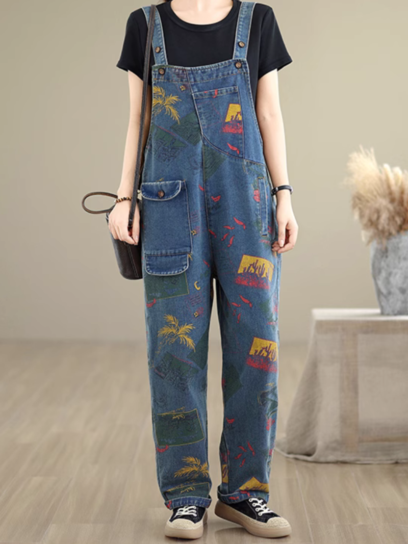 Women's Beautiful Straight-Leg Pant Style Printed Overall Dungarees