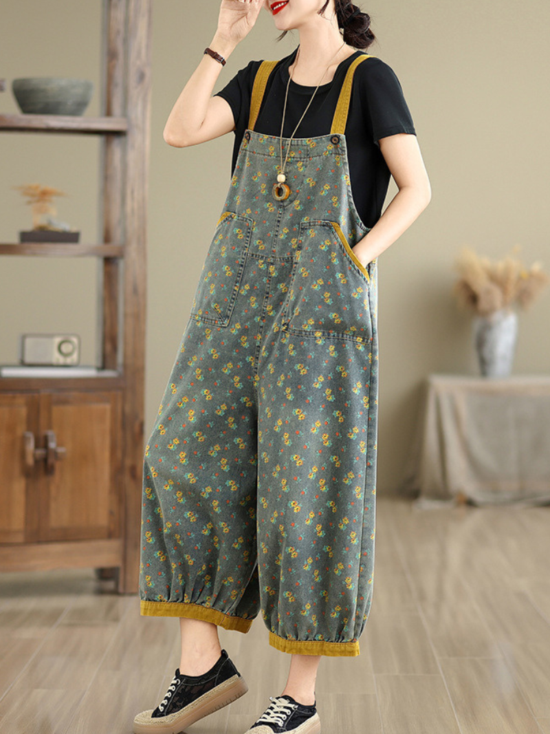 Artful Floral Denim Cotton Overalls Jumpsuit with Relaxed Balloon Legs