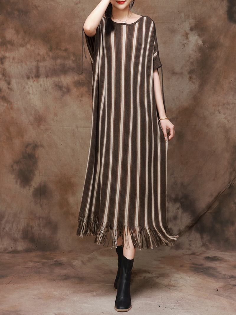 Women's Elegance Striped Knitted Large Size Midi Dress