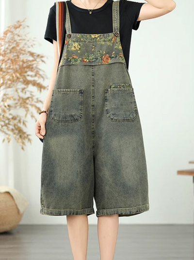 Women's Summer Denim Jumpsuit Cropped Pant Style Overall Dungaree