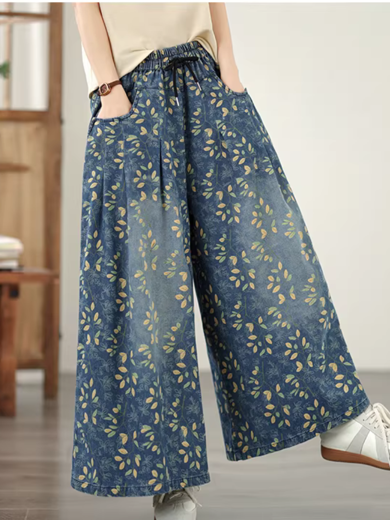 Floral Denim Cotton Palazzo Pants with Pockets, Elegant Wide-Leg Trousers