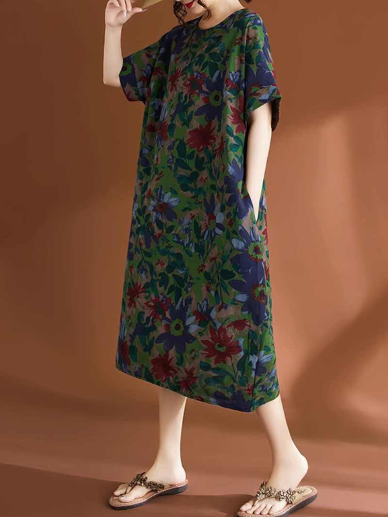 Women's Summer Flower Printed Pocket Style Midi -Dress