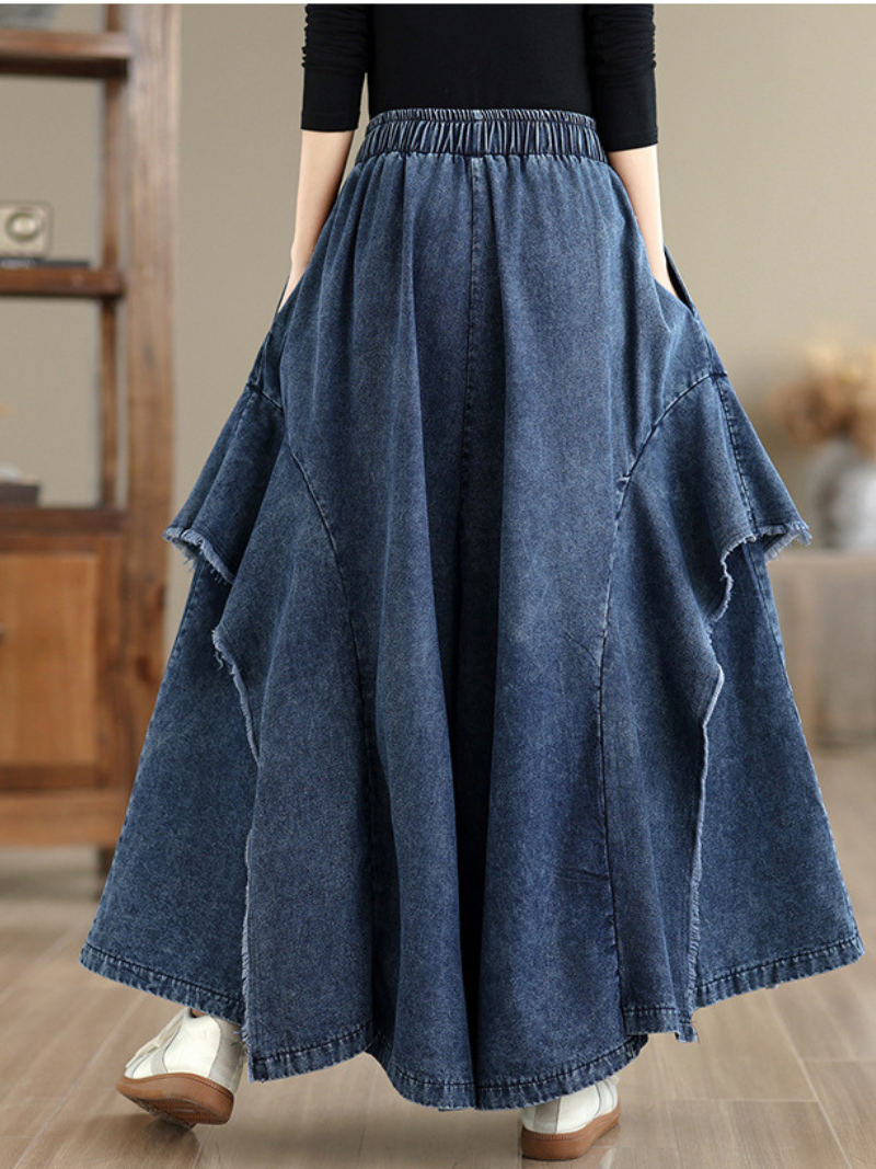 Artful A-Line Denim Maxi Skirt with Drawstring Waist, Cotton Comfort