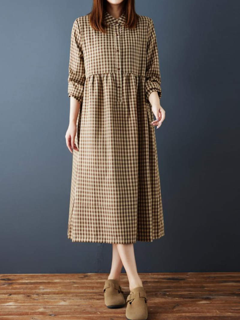 Gingham Cotton-Linen Midi Shirt Dress with Pockets and Gentle Volume
