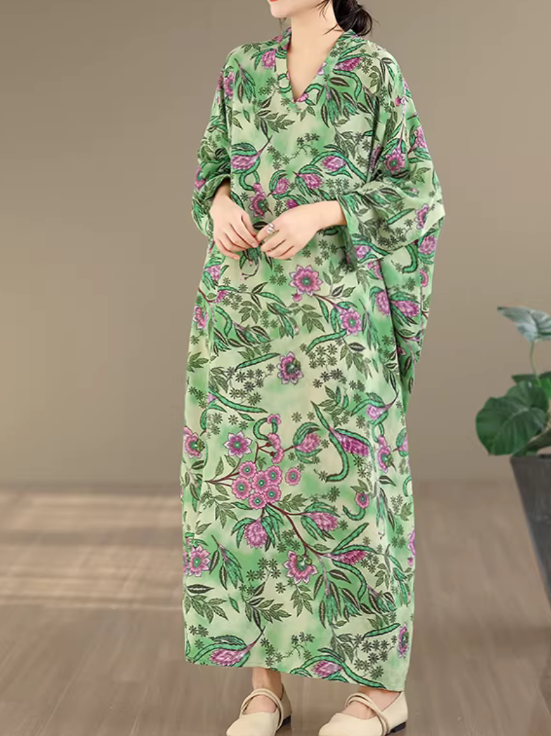 Botanical Print Maxi Kaftan Dress in Airy Artificial Cotton Elegance
