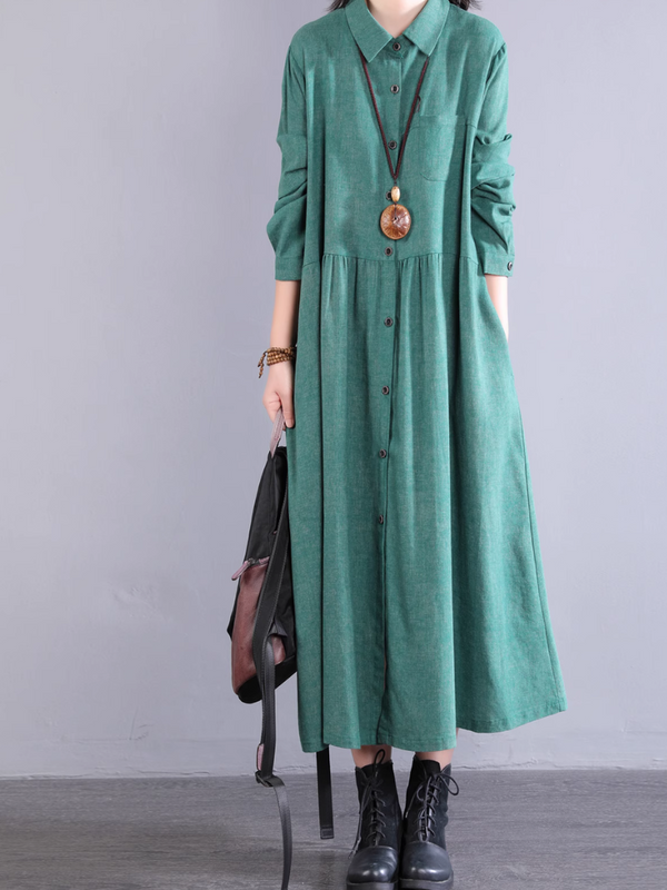 Cotton A-line Shirt Dress with Pockets, Collared Midi