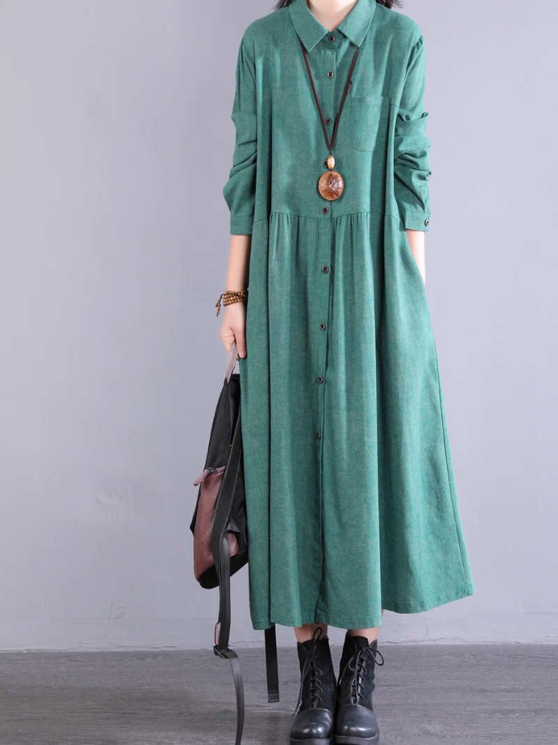 Cotton A-line Shirt Dress with Pockets, Collared Midi