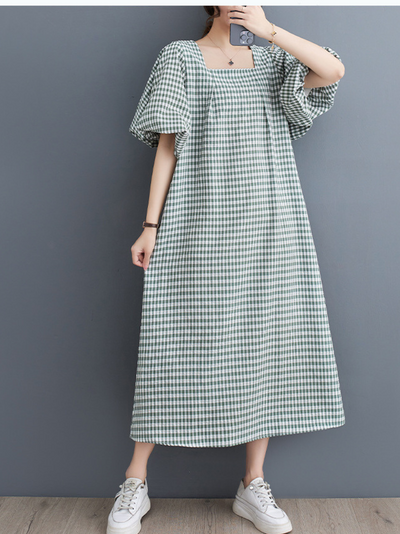 Women's Delightful Square Collar Plaid Loose A-line Dress