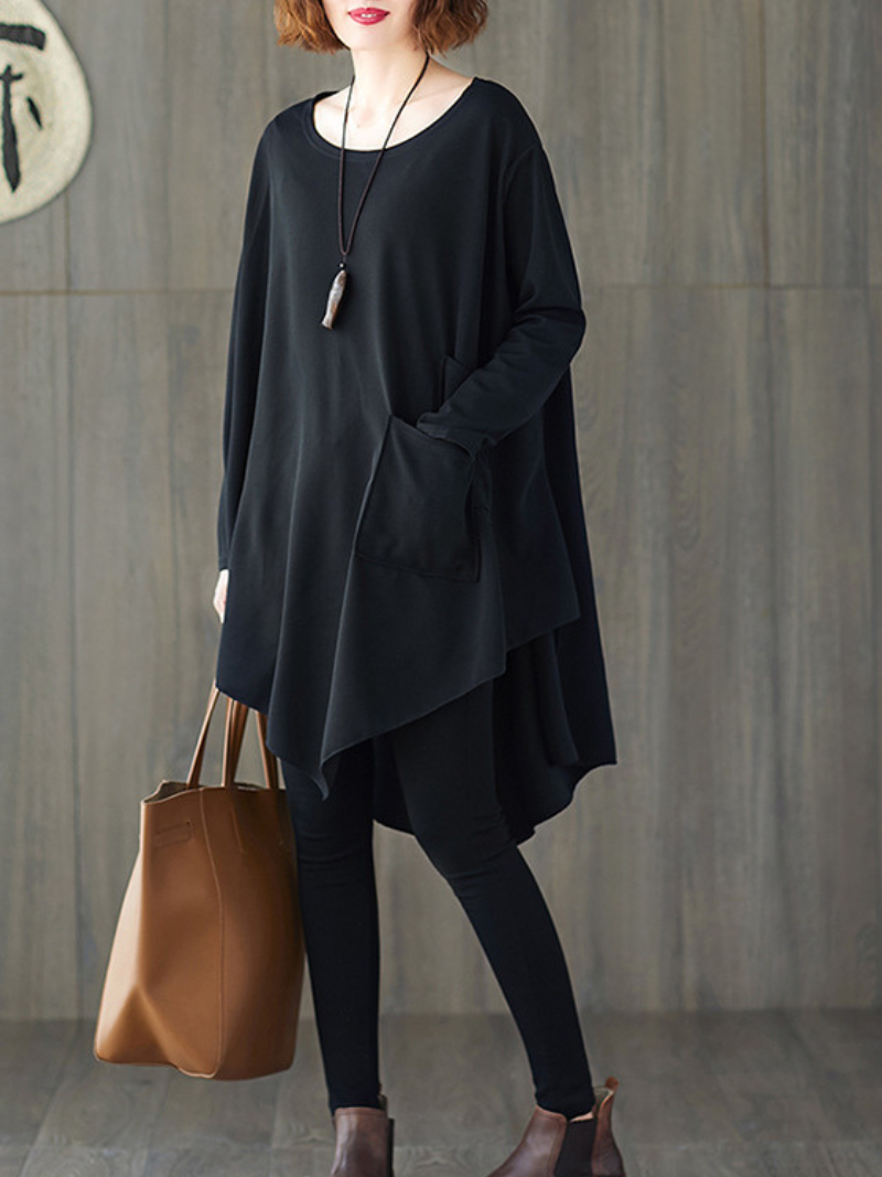 Black Oversized Tunic Top with Sculpted Pockets