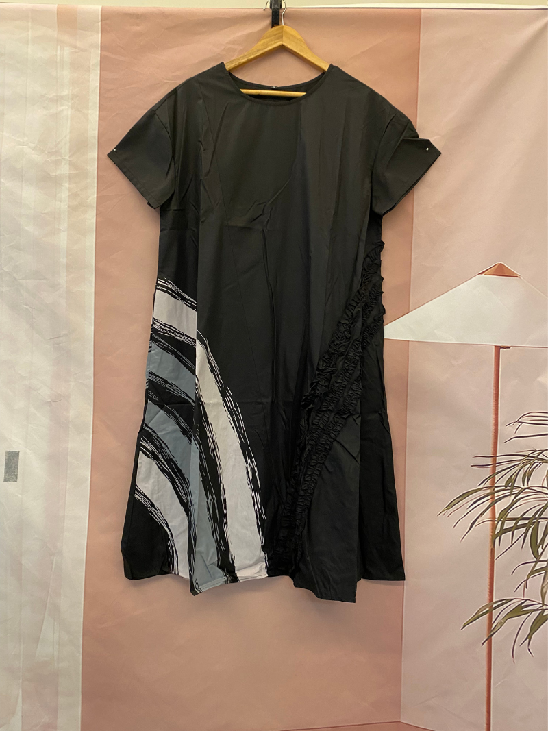 Artsy Asymmetric Brushstroke Midi Dress with Ruffle Panel in Black