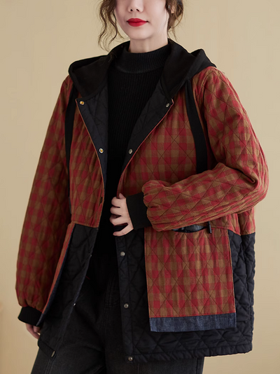Women's Winter Hooded Button-Up Pocket Plaid Coat