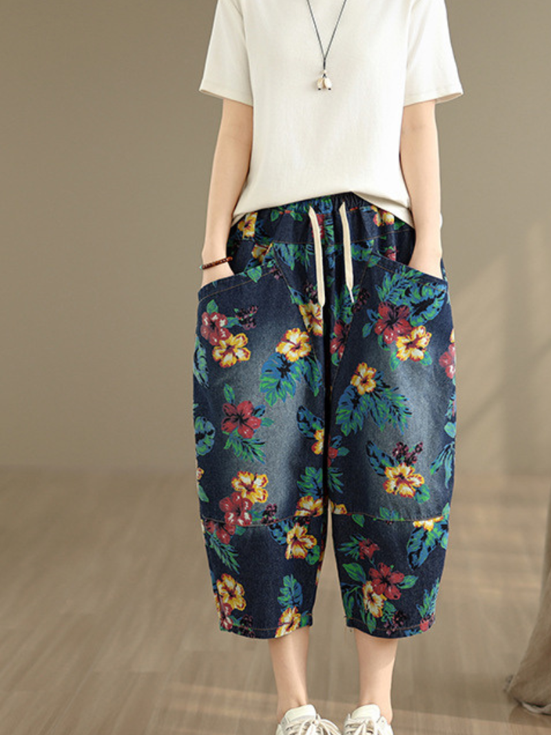 Chic Cotton Floral Harem Pants with Drawstring Waist and Oversized Pockets