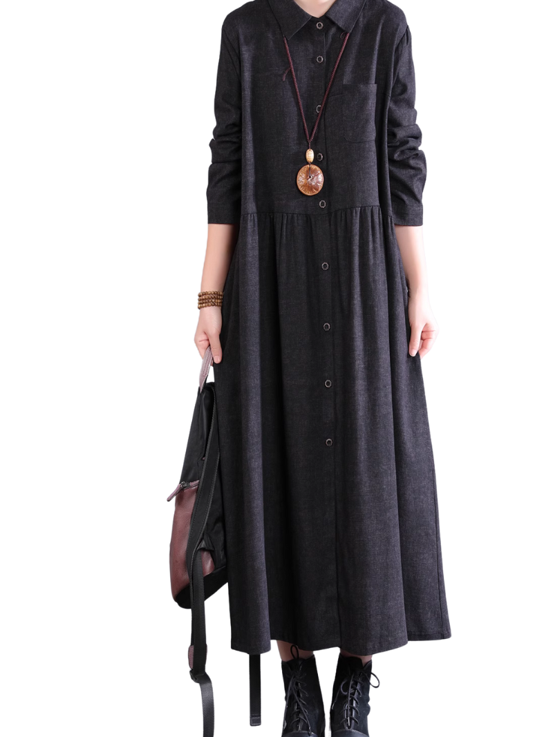 Cotton A-line Shirt Dress with Pockets, Collared Midi