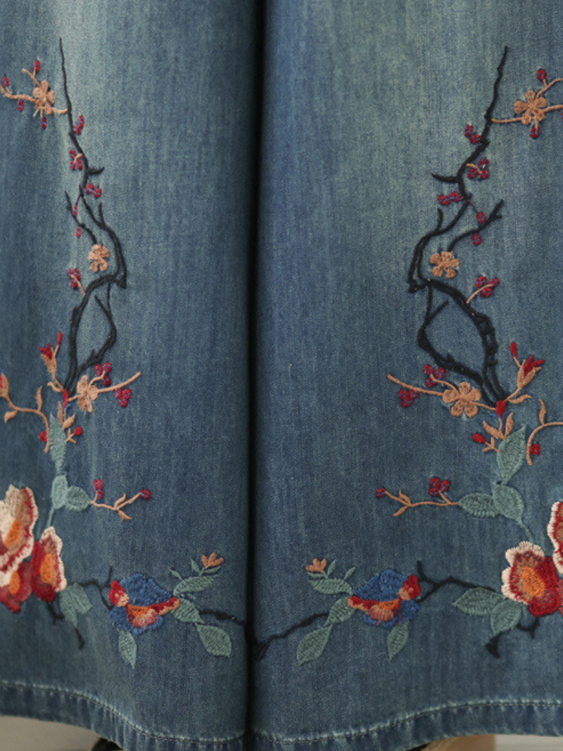Embroidered Denim Cotton Wide-Leg Palazzo Pants for Effortless Chic Style
