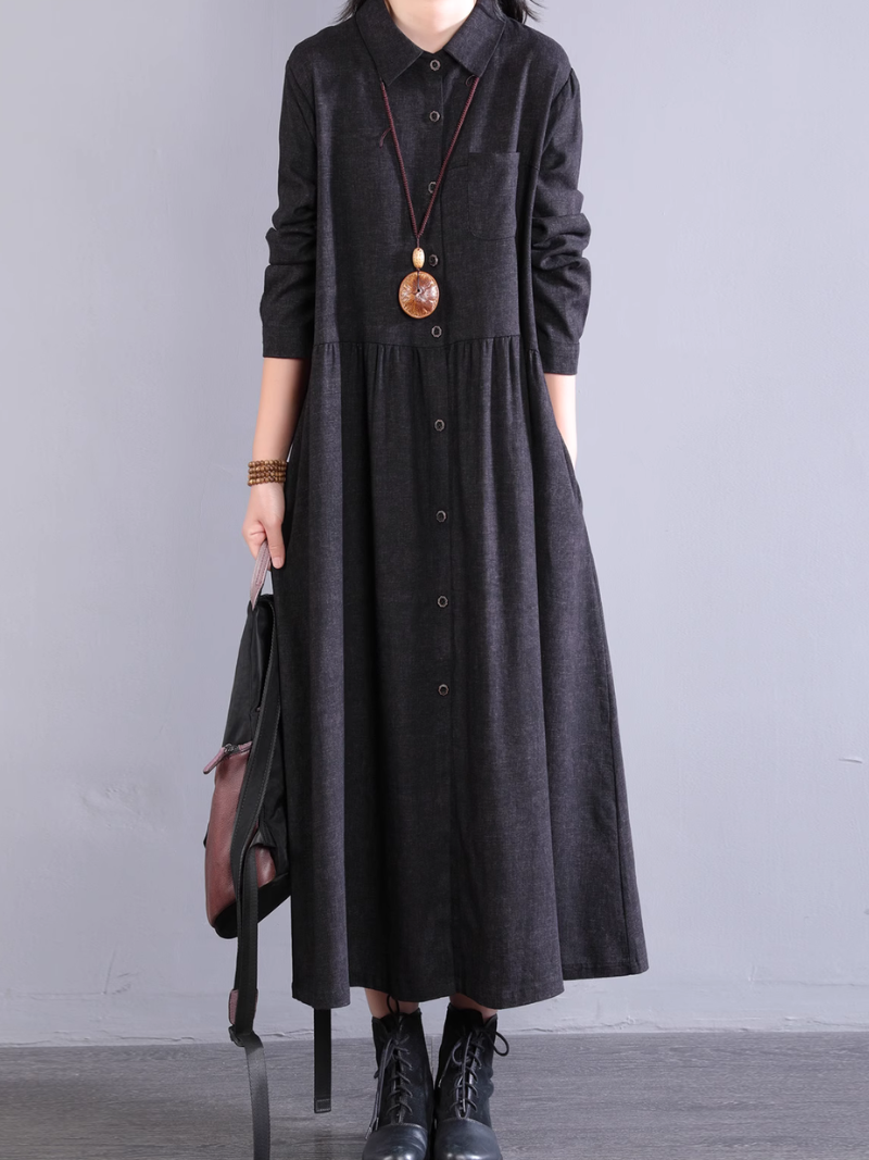 Cotton A-line Shirt Dress with Pockets, Collared Midi