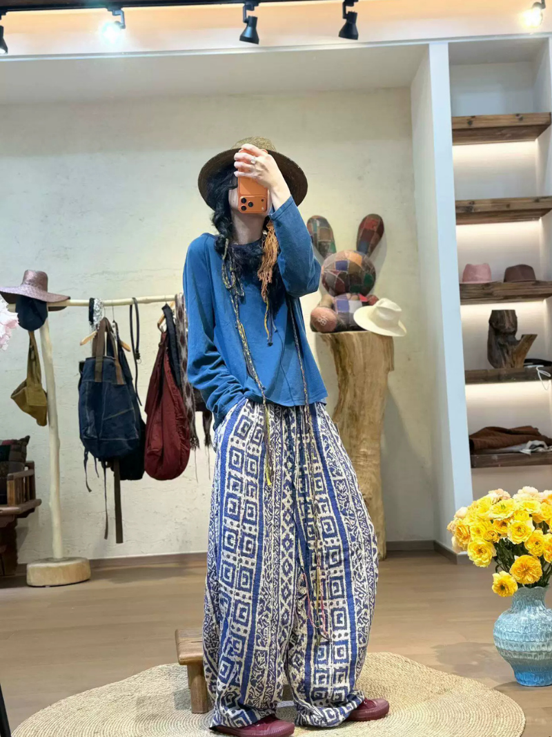 Easygoing Weekend Wide-Leg Pants — Artisanal Print in Cotton Linen Comfort