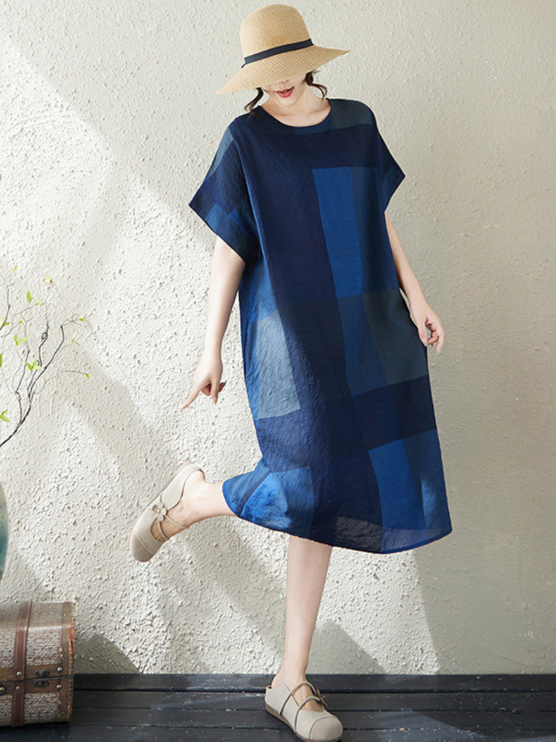 Artful Patchwork Linen Dress in Relaxed Midi Silhouette with Pockets