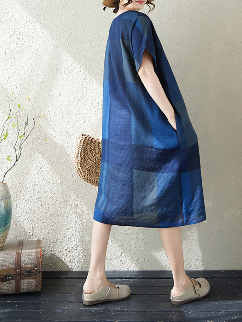 Artful Patchwork Linen Dress in Relaxed Midi Silhouette with Pockets