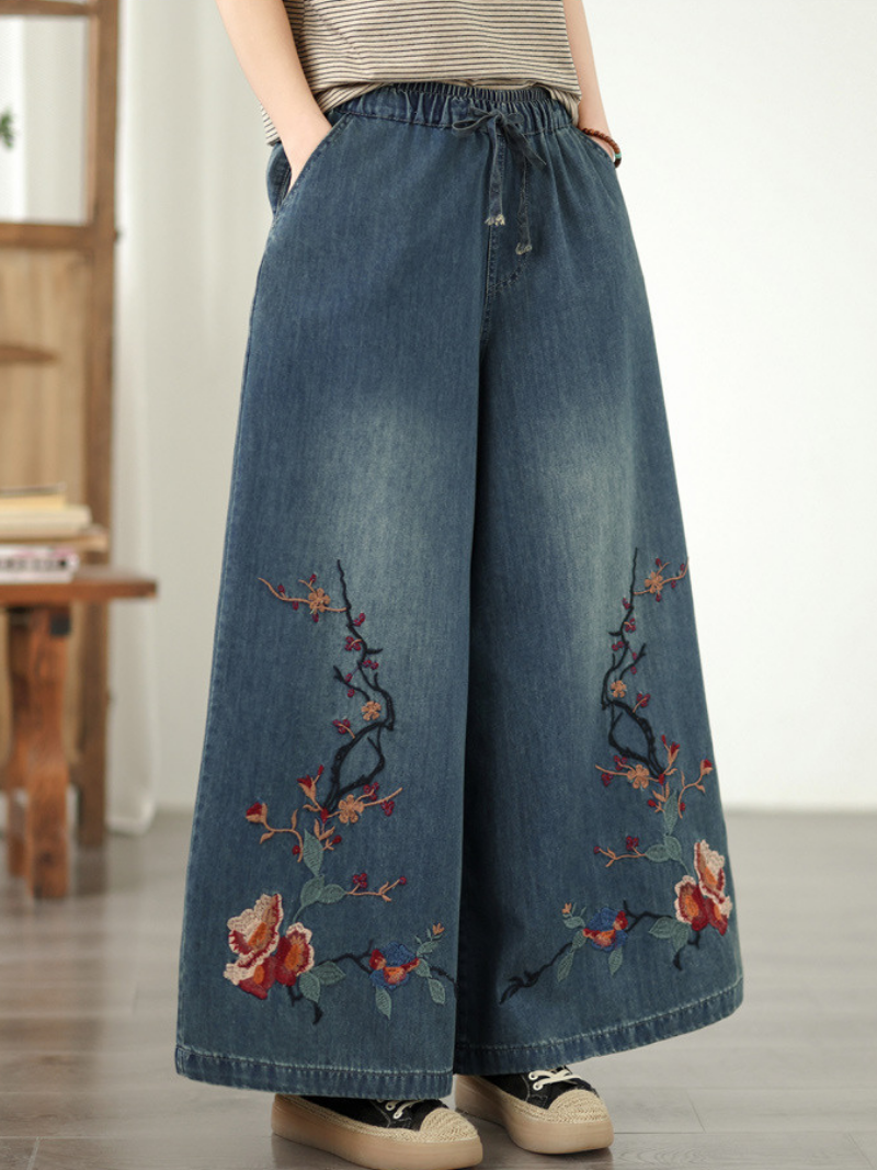 Embroidered Denim Cotton Wide-Leg Palazzo Pants for Effortless Chic Style
