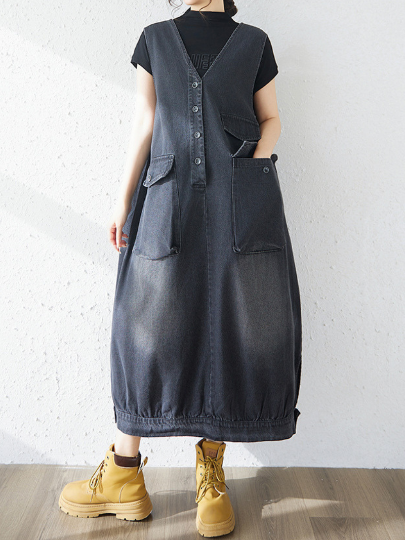 Minimal Utility Denim Dress with Pockets, Sleeveless V-Neck Midi Silhouette