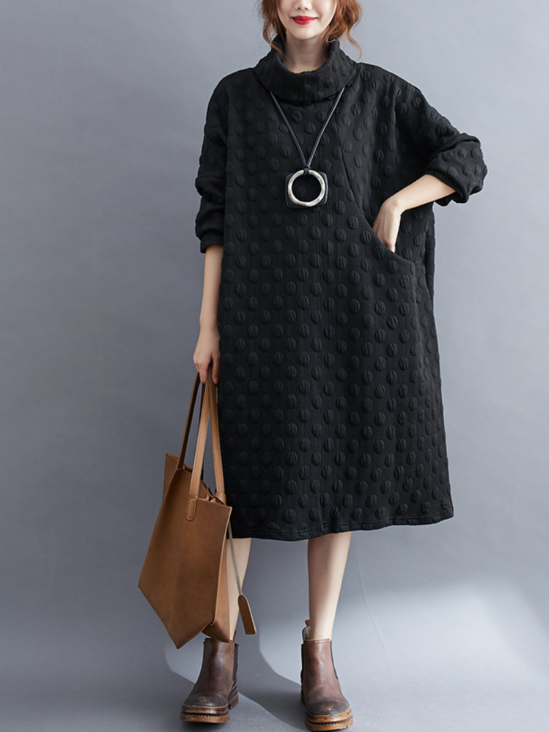 Women's  Polka Dot High Collar Mid-Length Shirt Dress