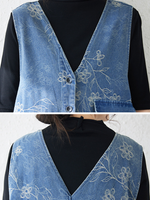 Floral Patchwork Denim Dress Pinafore Maxi with Oversized Pockets, Effortless Poise
