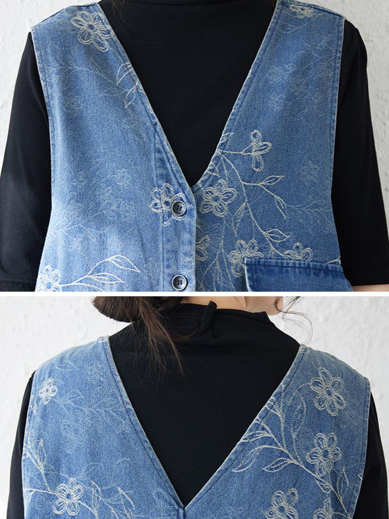 Floral Patchwork Denim Dress Pinafore Maxi with Oversized Pockets, Effortless Poise