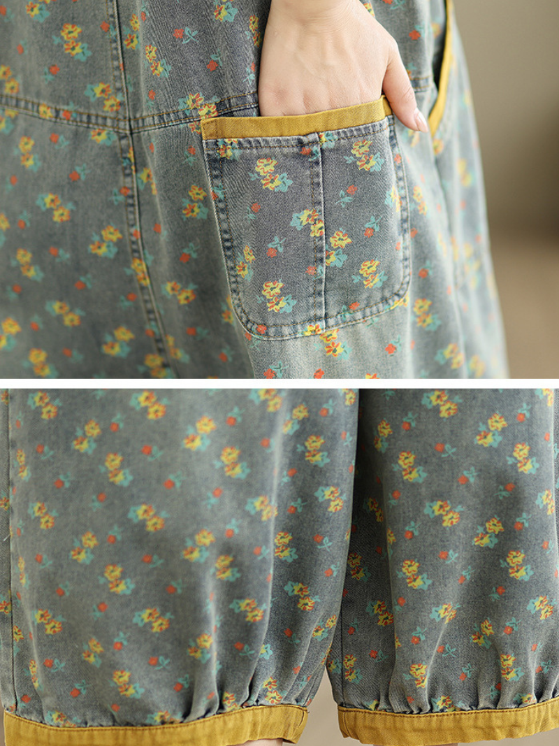 Artful Floral Denim Cotton Overalls Jumpsuit with Relaxed Balloon Legs