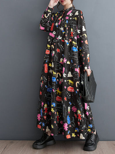 Women's Button-Up Printed Mid-Length Smock Dress