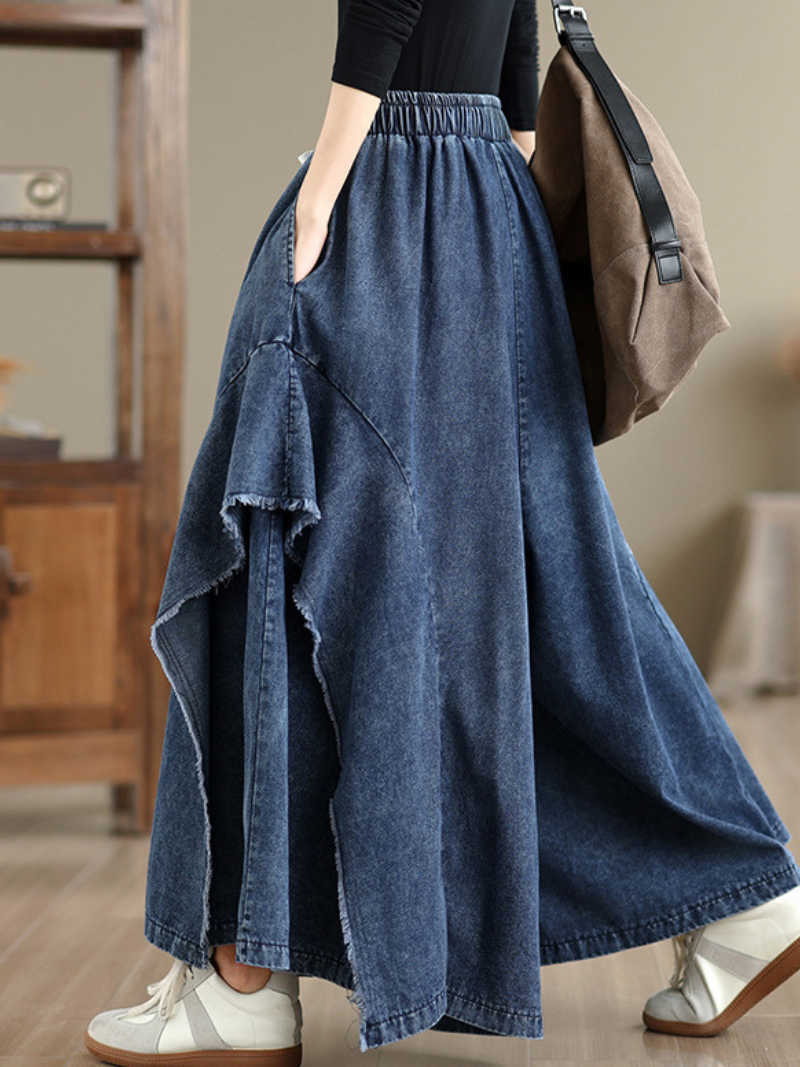 Artful A-Line Denim Maxi Skirt with Drawstring Waist, Cotton Comfort