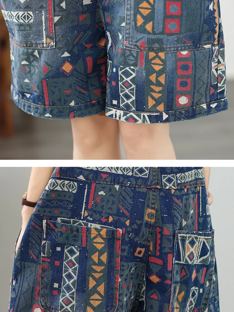 Women's Retro Style Printed Denim Bib's Short Overall Dungaree
