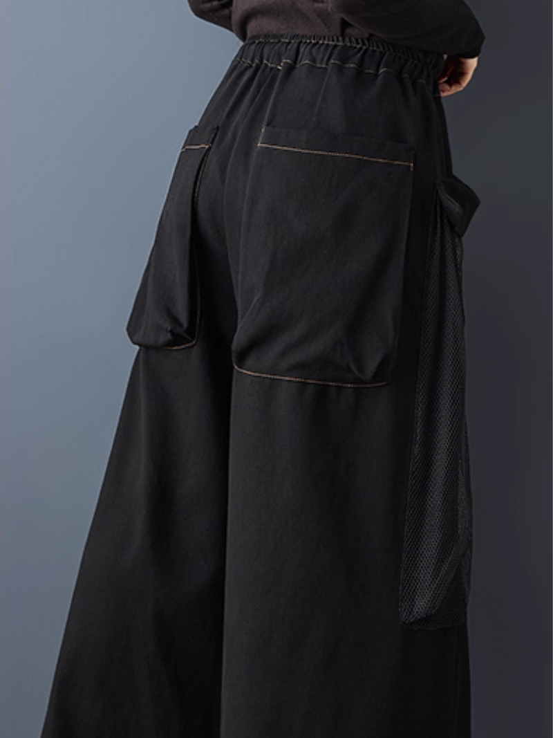 Avant-Garde Mesh Overlay Wide-Leg Denim Pants with Drawstring, High-Rise Waist