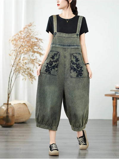 Women's Summer Loose Pants With Flower Pockets Overall Dungaree