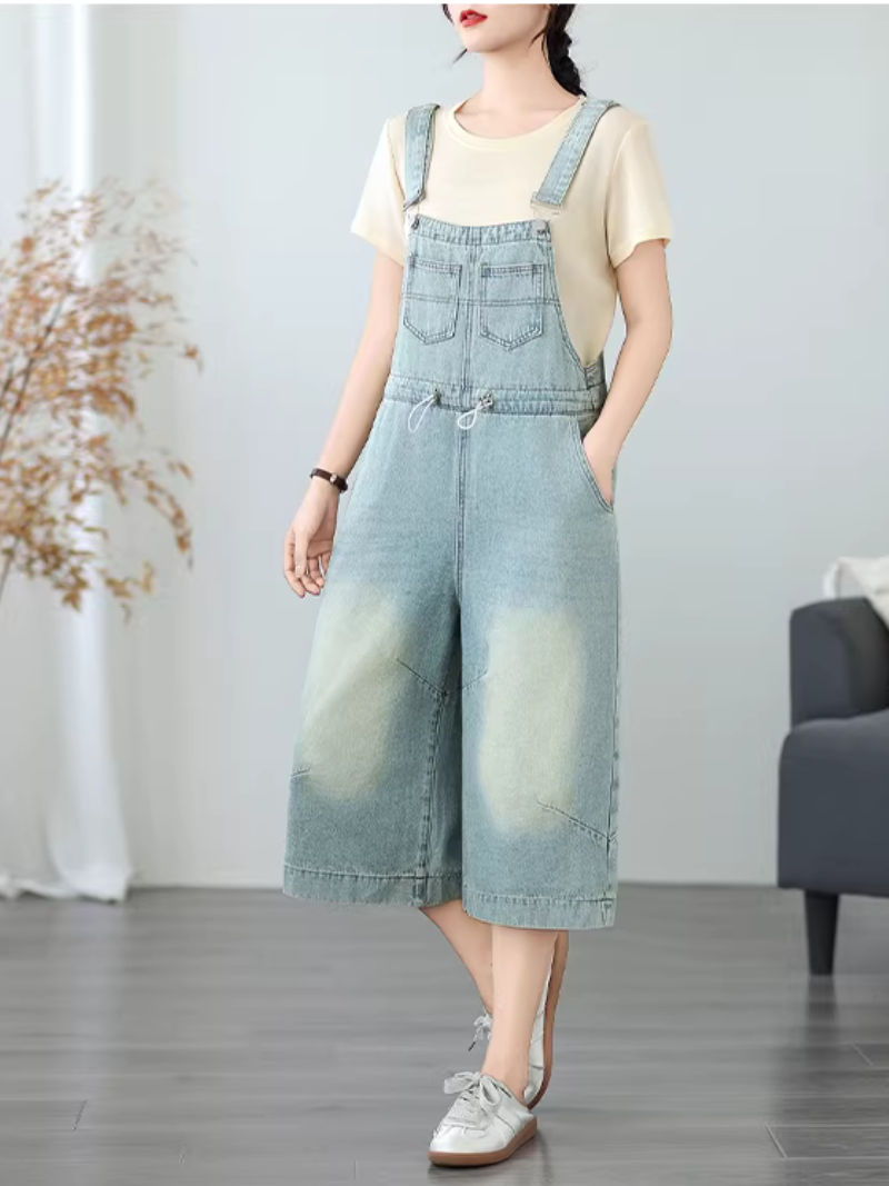 Relaxed Culotte Denim Overalls with Adjustable Straps in Soft Cotton